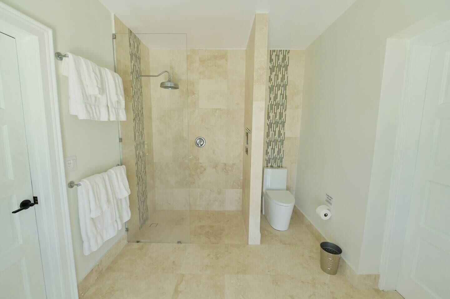 Une salle de bain avec une douche, des toilettes et un porte-serviettes.