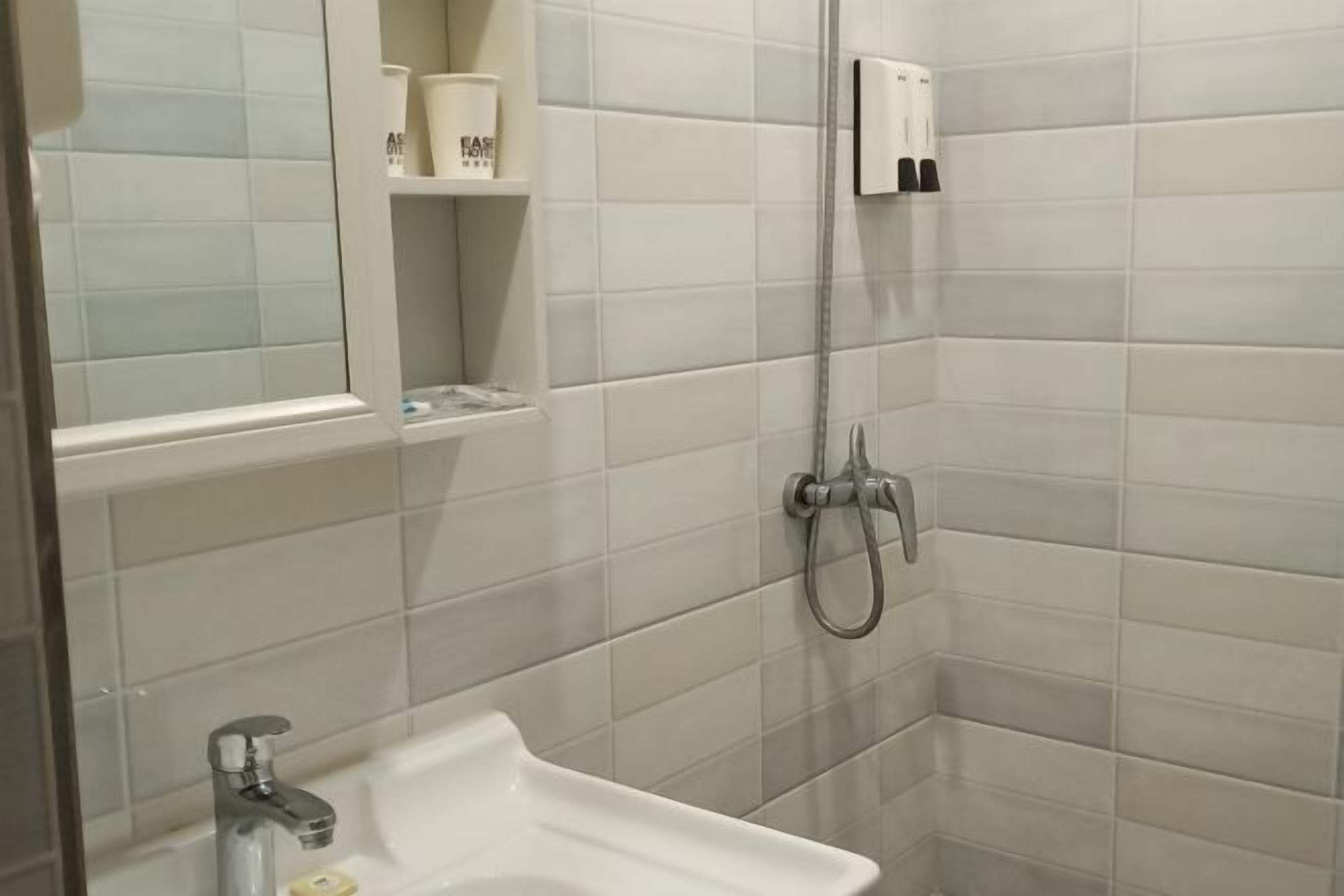 Une salle de bain avec un lavabo blanc, un miroir et un espace douche équipé d’un pommeau de douche à main.