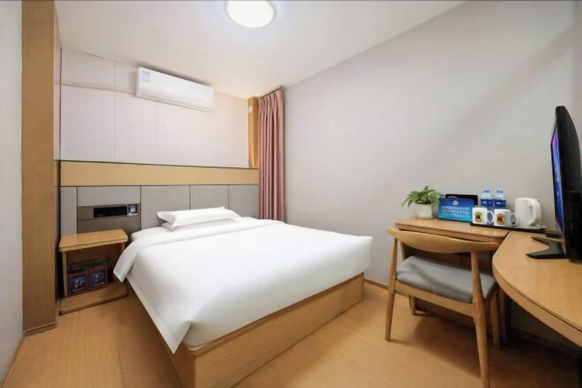 A hotel room with a bed, bedside table, desk, chair, television, and a small plant.