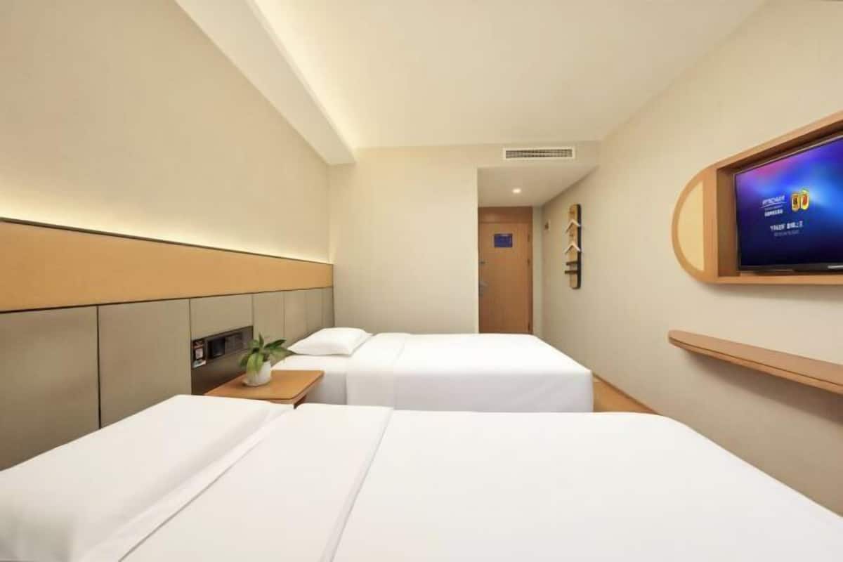 A hotel room with two beds, a TV mounted on the wall, a bedside table with a plant, and a wooden headboard.