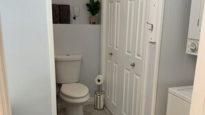 A bathroom with a toilet, a towel dispenser, and a shower area. - Studio in The Heart of Soldotna (Soldotna)