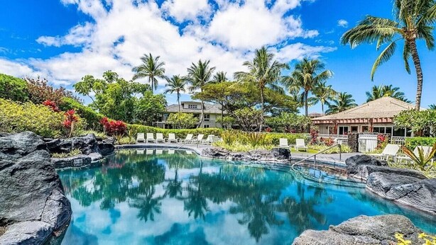 A pool with clear water, surrounded by rocks, palm trees, and lounge chairs.