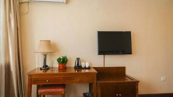 A hotel room with a wooden desk, a chair, a television mounted on the wall, and a small potted plant on the desk.