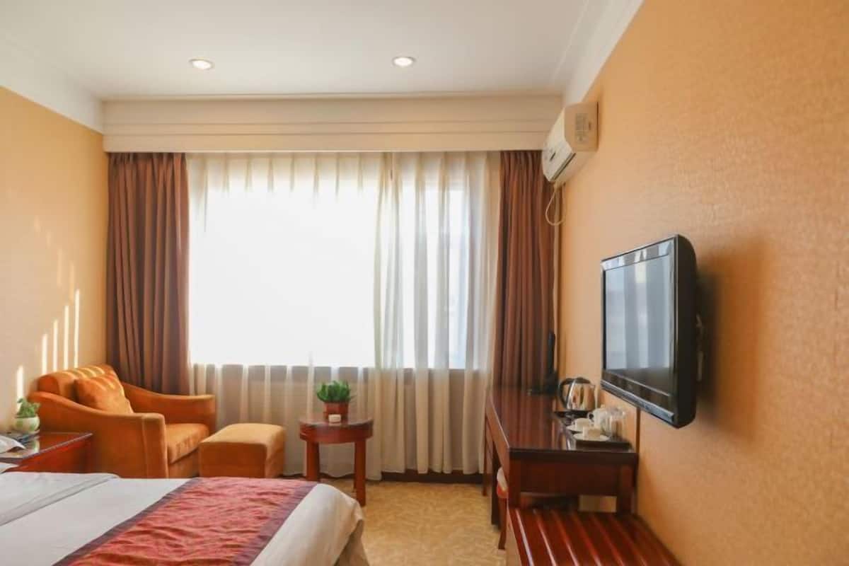 Une chambre d’hôtel avec un lit, un canapé, une petite table avec une plante, un téléviseur fixé au mur et une fenêtre avec des rideaux.