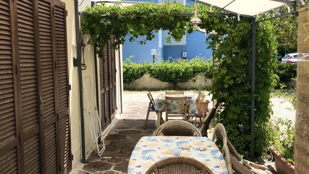 A narrow courtyard with a table and chairs, covered by a patterned tablecloth, surrounded by greenery and a blue wall. - P054 - Porto Recanati, comfortable three-room apartment with outdoor patio (Porto Recanati)