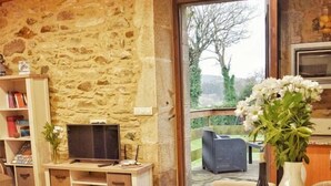 A cozy living room with a stone wall, wooden ceiling, a TV on a wooden stand, a dining table with chairs, and a vase with flowers.
