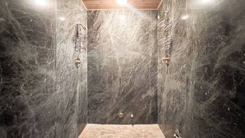 Shower, jetted bath, hair dryer, towels
