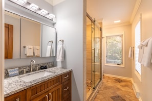 Shower, hair dryer, towels