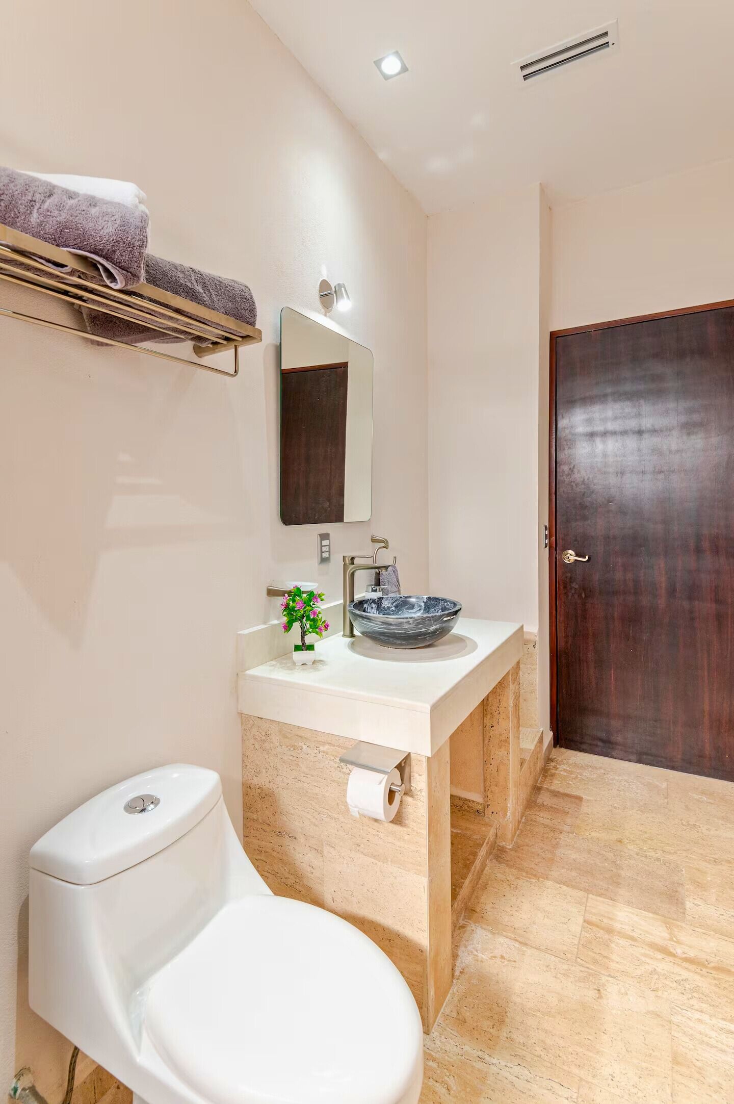 Un baño moderno con inodoro blanco, lavabo con espejo de tocador y puerta de madera.
