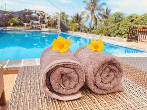 Outdoor pool, pool umbrellas, pool loungers
