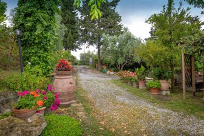 A garden pathway with potted plants and a gravel path. - Apartment 'Melograno' with Private Terrace, Shared Garden and Wi-Fi (Riparbella)