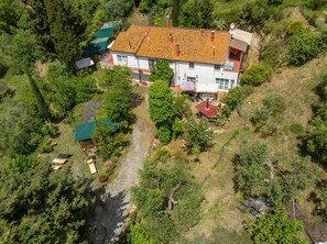 Vue aérienne d’une maison avec un toit en tuiles, entourée d’une végétation luxuriante et bordée d’un chemin de gravier.