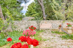 A stone wall, red flowers, and a bench in a garden setting.
