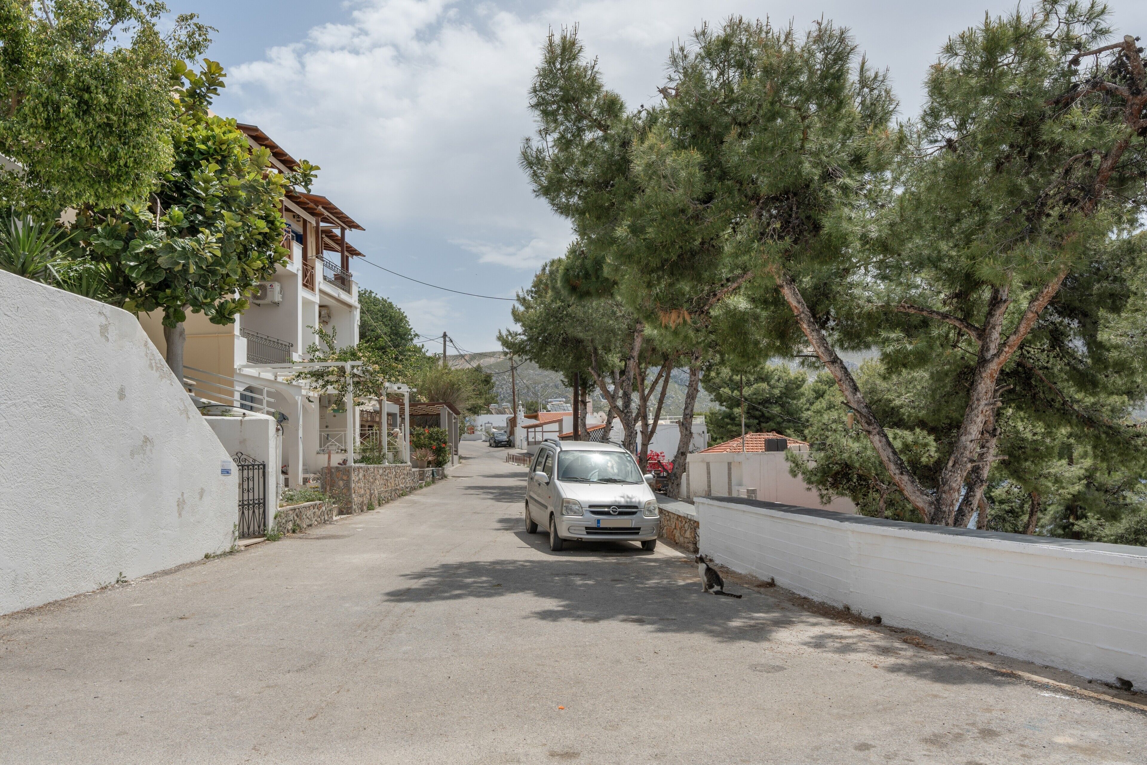 A residential street with a parked car, houses, and trees.