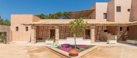 A building with a courtyard, a small tree, and a large terracotta pot.