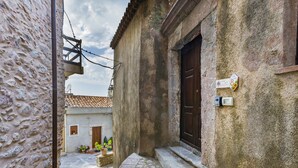 Una calle estrecha con un edificio de fachada de piedra, puerta de madera y un pequeño jardín con plantas en macetas.
