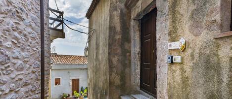 A narrow street with a building featuring a stone facade, a wooden door, and a small garden area with potted plants.