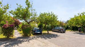 A paved driveway with two cars parked, surrounded by lush greenery and flowering plants. - Room 'Ninetta' with Mountain View, Wi-Fi and Air Conditioning (Taormina)