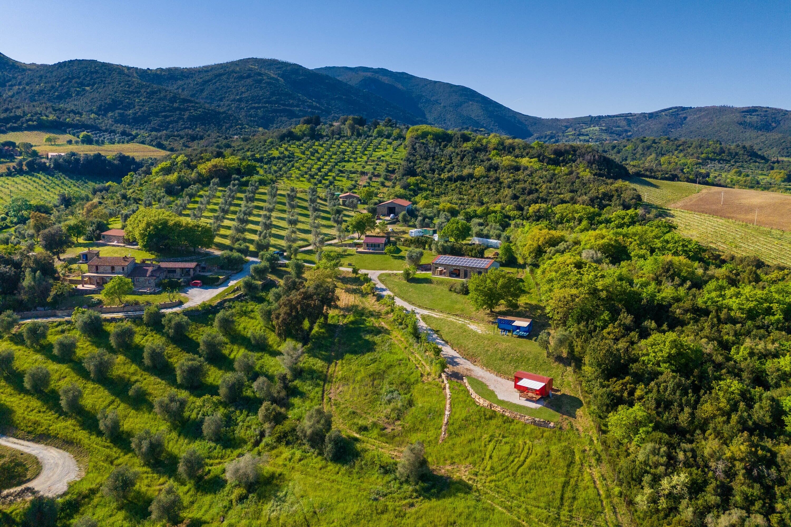 An aerial view of a rural village with terraced fields, houses, and a winding road.