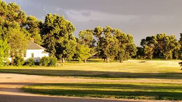 A white building with a green roof, surrounded by trees and a grassy field.
