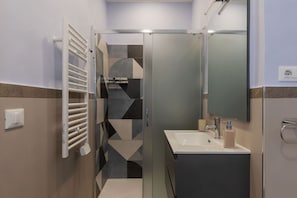 Shower, hair dryer, bidet, towels
