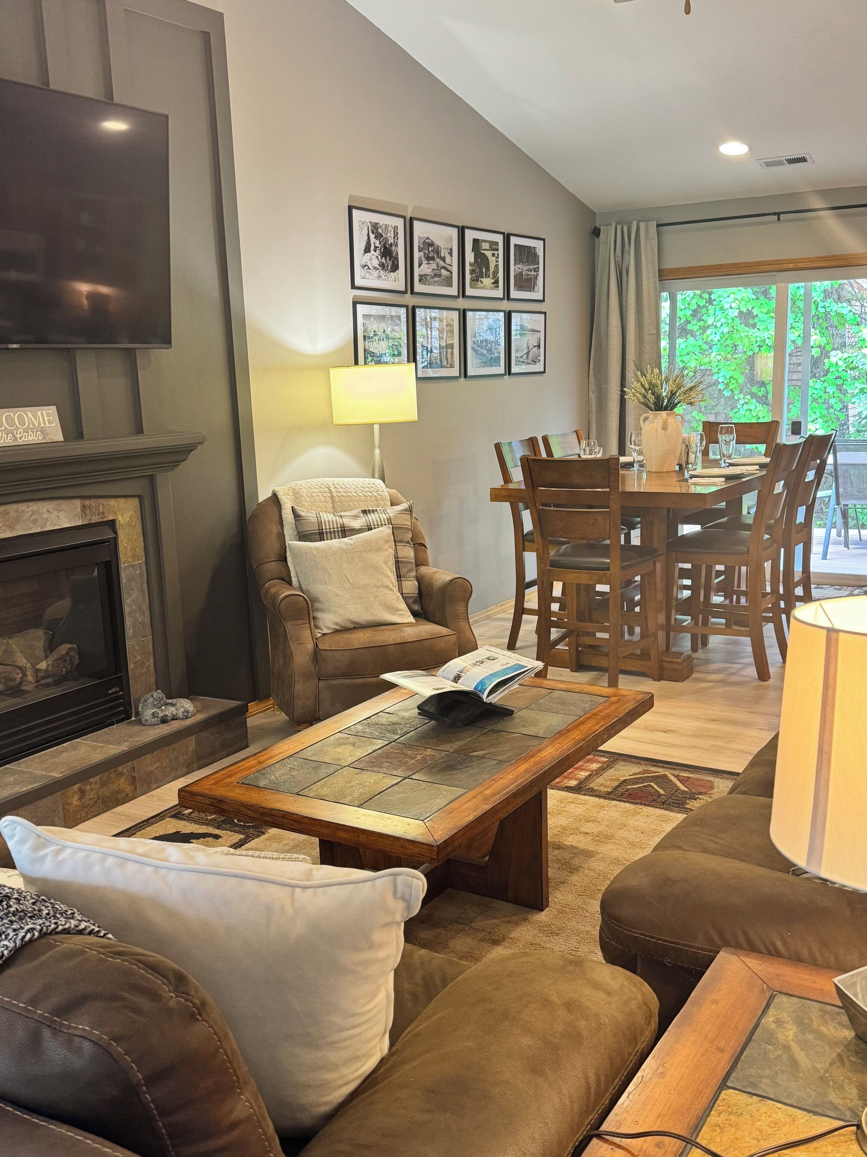 Smart TV, fireplace, books