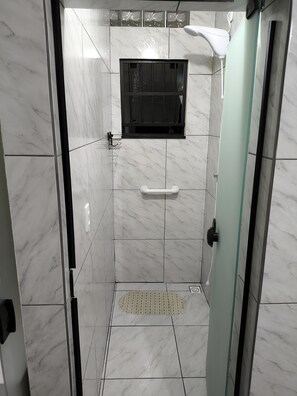 Shower, bidet, soap, toilet paper