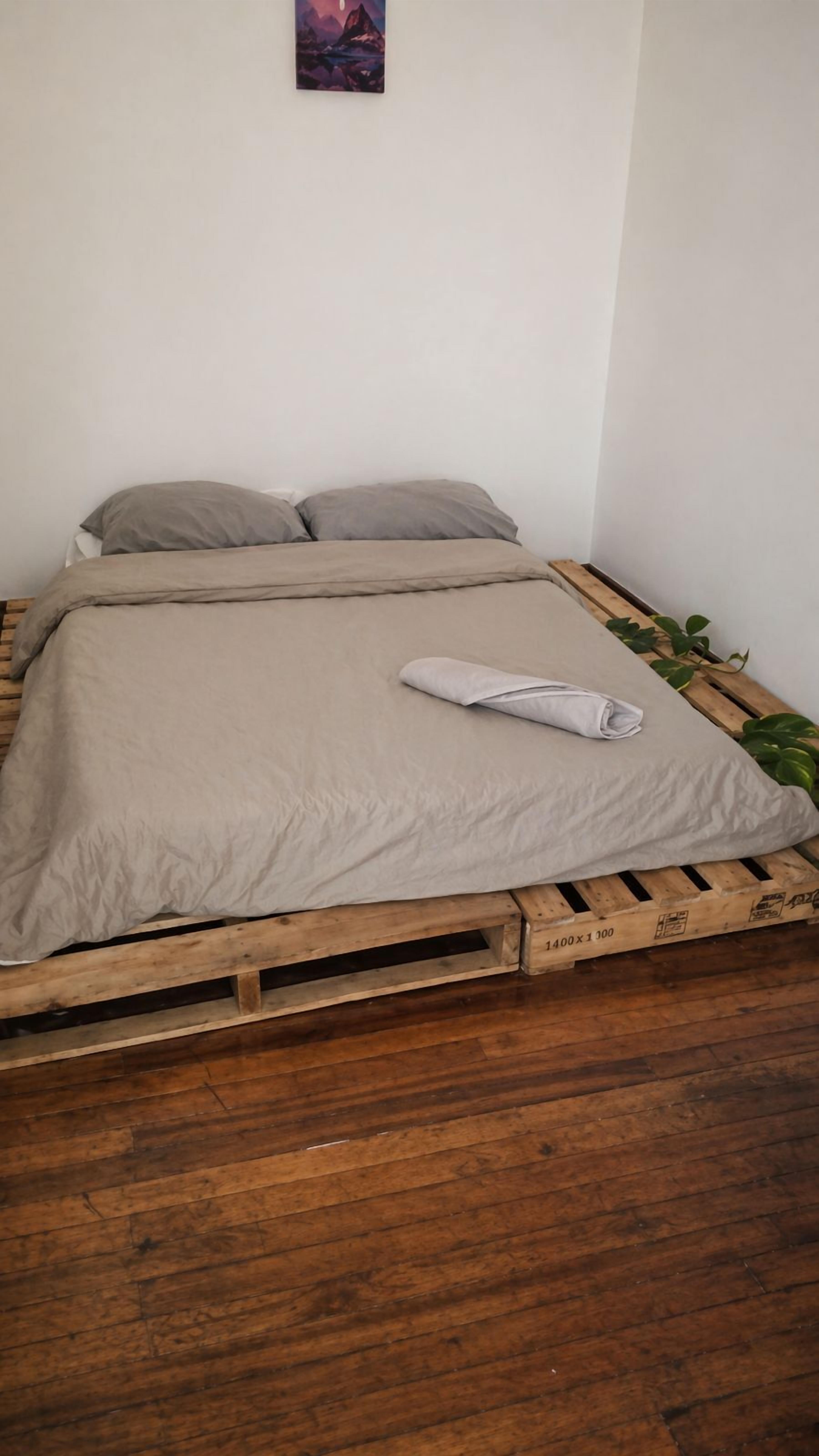 Una cama con sábana y almohada grises, palets de madera debajo y una planta pequeña en el suelo.