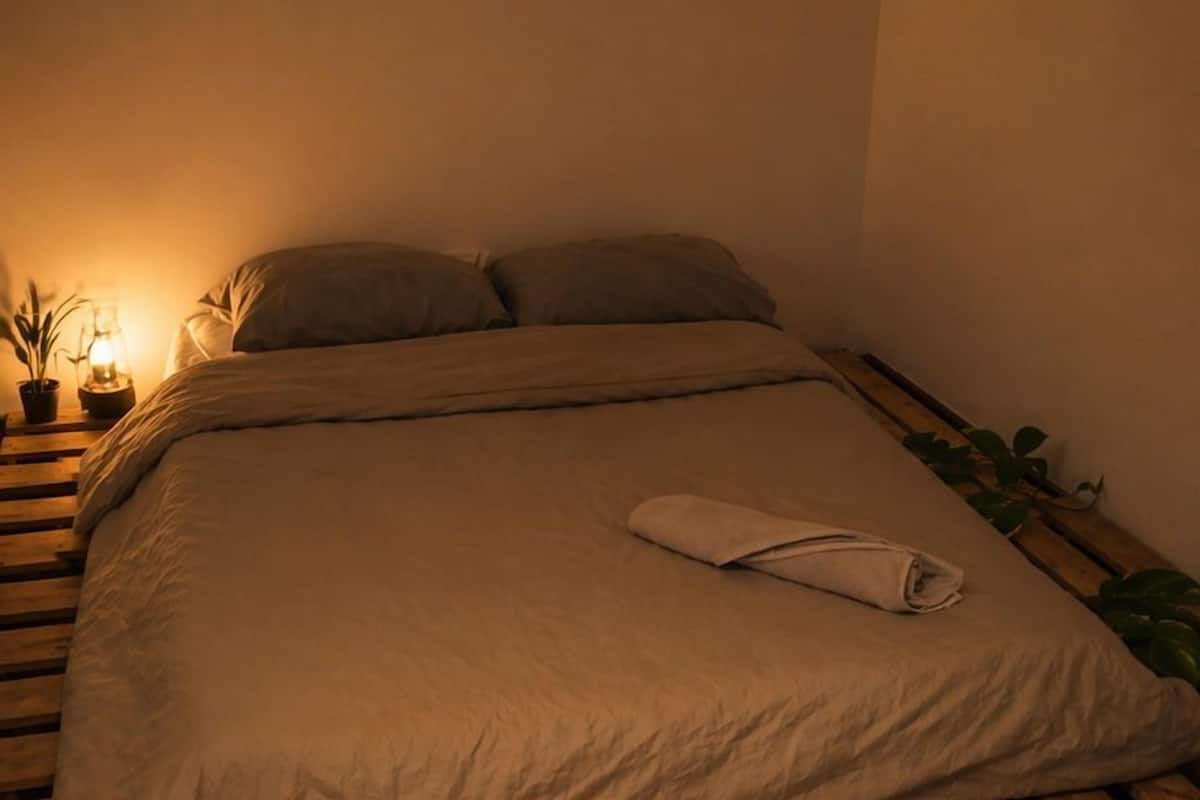 Un lit avec une couverture et des oreillers, une petite table avec une lampe et une plante sur le côté.