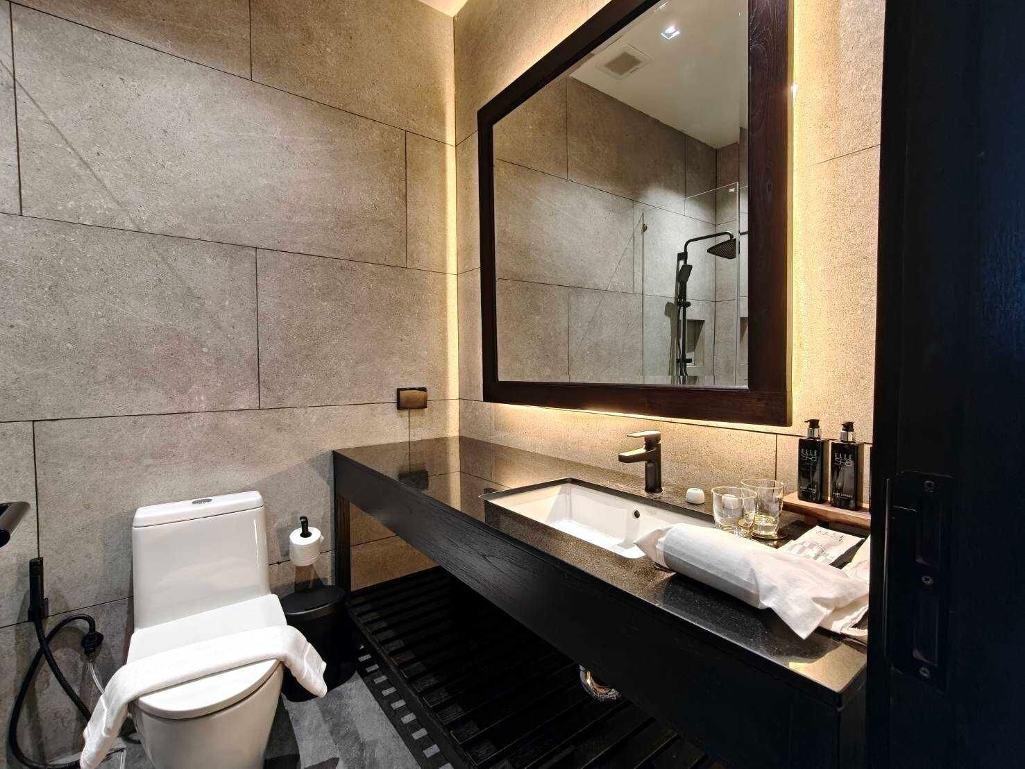 Une salle de bain moderne avec un grand miroir, un lavabo noir et des toilettes.