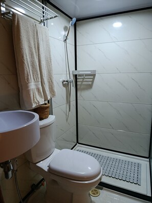 Chuveiro, toalhas de banho, sabonete, shampoo