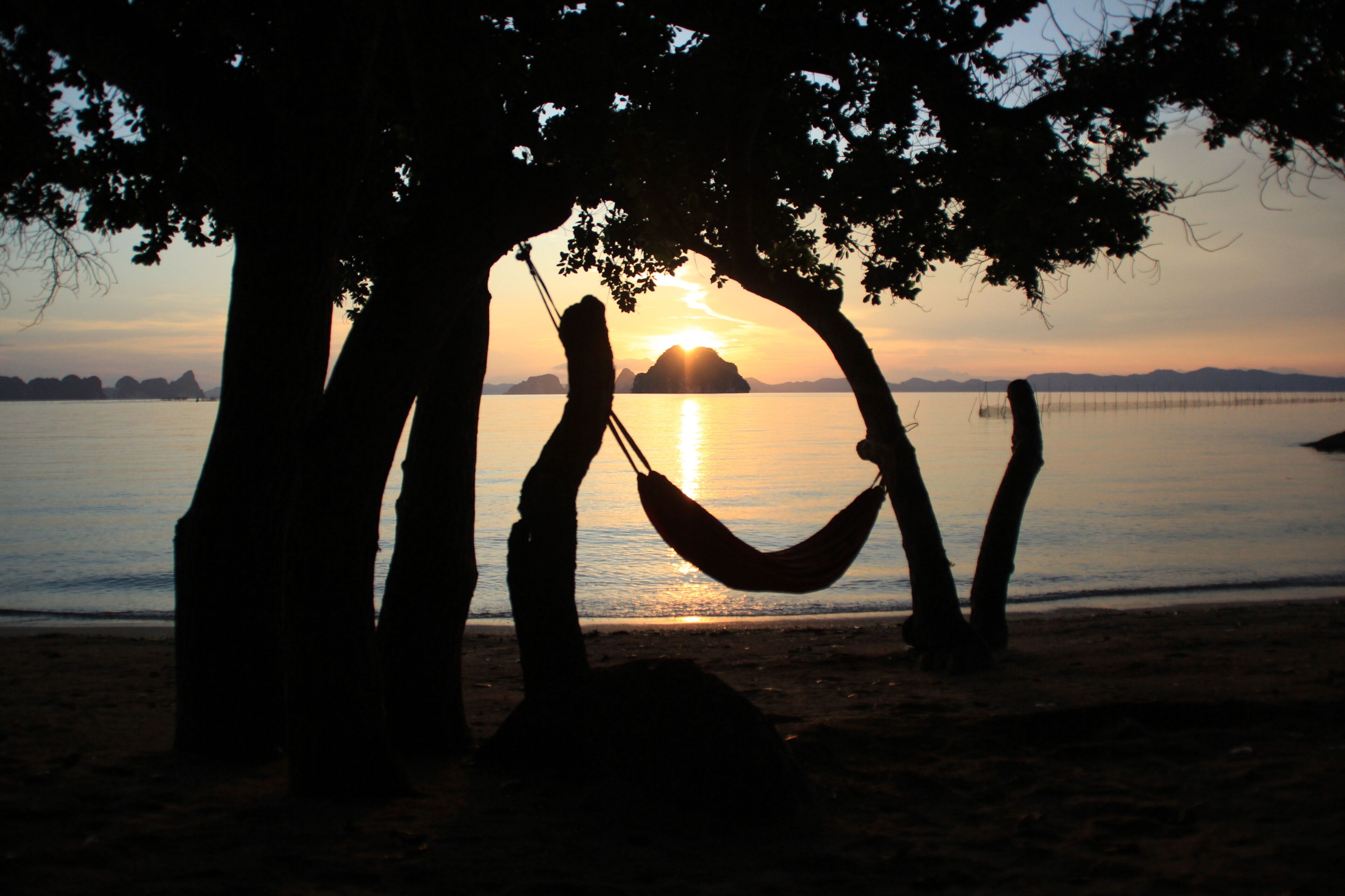 A hammock between trees on a beach with a sunset in the background.