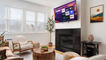 Smart TV, fireplace, books