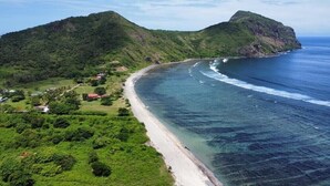 Een kustlandschap met strand, begroeiing en een berg.