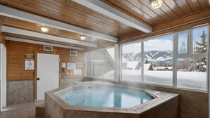 A hot tub in a room with wooden walls and large windows overlooking a snowy mountain landscape.