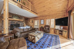 TV, fireplace, books