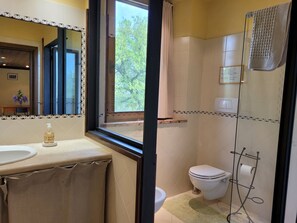 Un baño con lavamanos, espejo, inodoro y ducha.