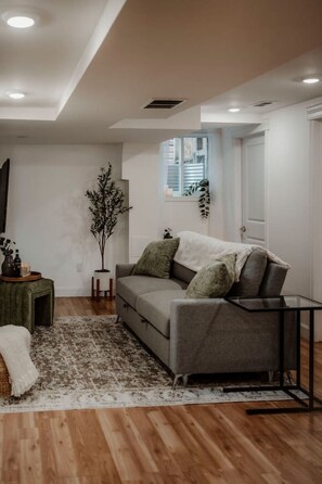 Un salon moderne avec un canapé gris, une petite table d’appoint, une plante en pot et un tapis à motifs.
