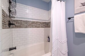 Hair dryer, towels, soap, toilet paper