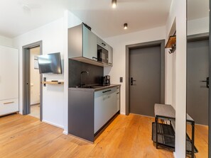 Fridge, microwave, stovetop, coffee/tea maker