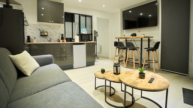 Un salon moderne avec un canapé gris, une table basse en bois et un coin cuisine équipé d’un four à micro-ondes et d’un petit réfrigérateur.