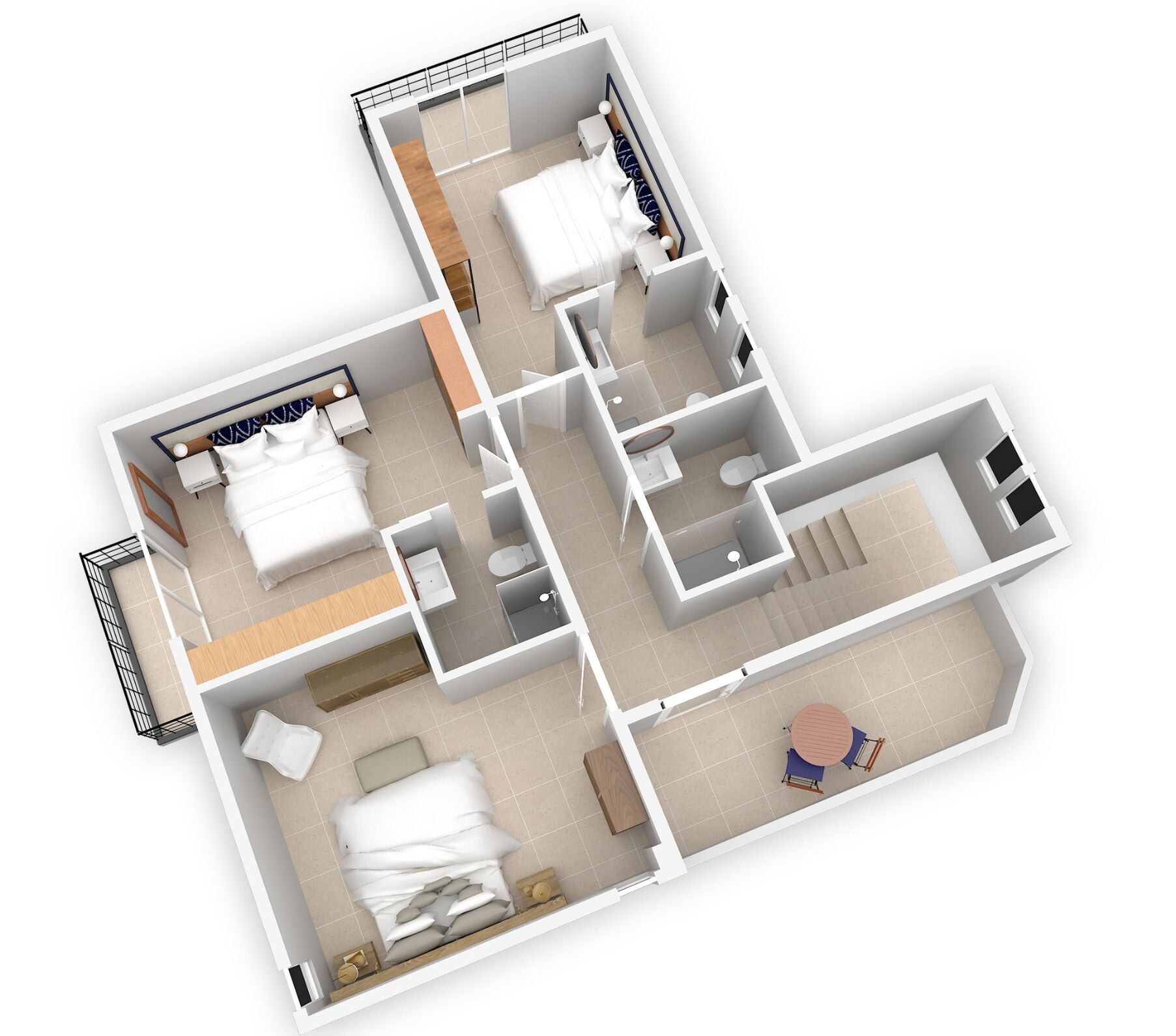 Een 3D-plattegrond van een hotelkamer met een bed, een badkamer, een zithoek met een tafel en stoelen, en een kleine kitchenette.