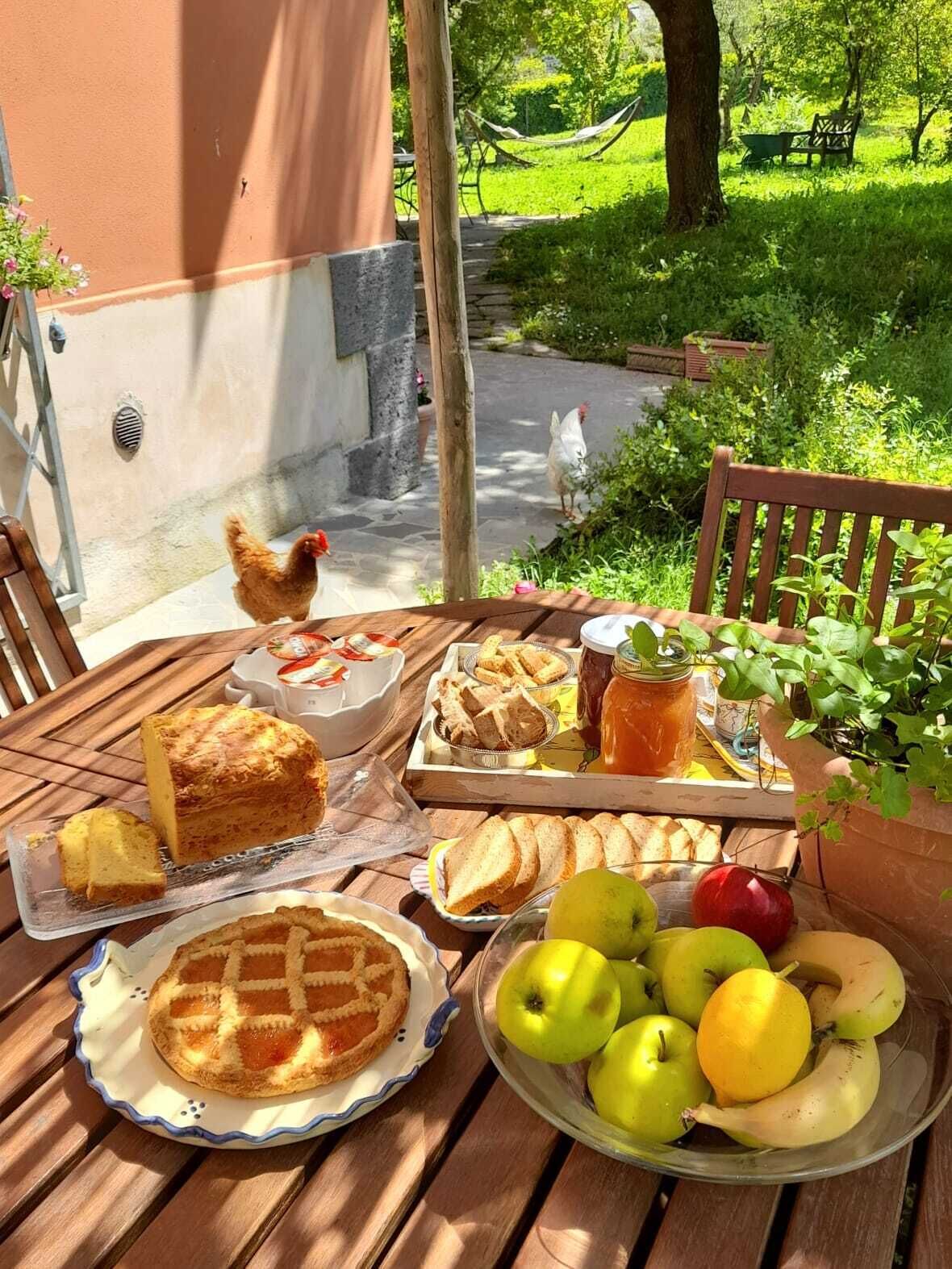 An outdoor dining table with a variety of food items including bread, a pie, and fruits.