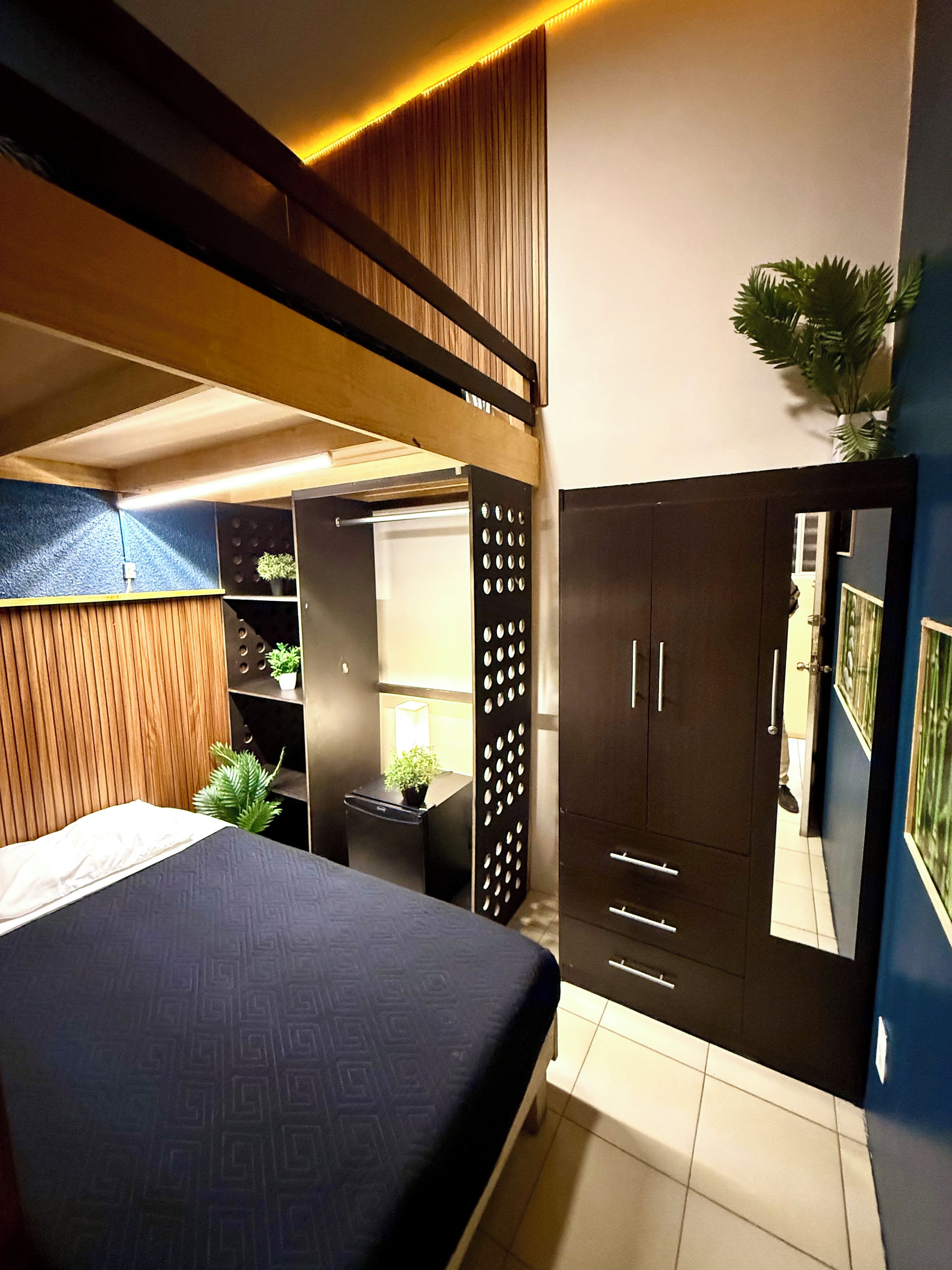 Een slaapkamer met een stapelbed, een garderobe en een klein bureau met een plant.