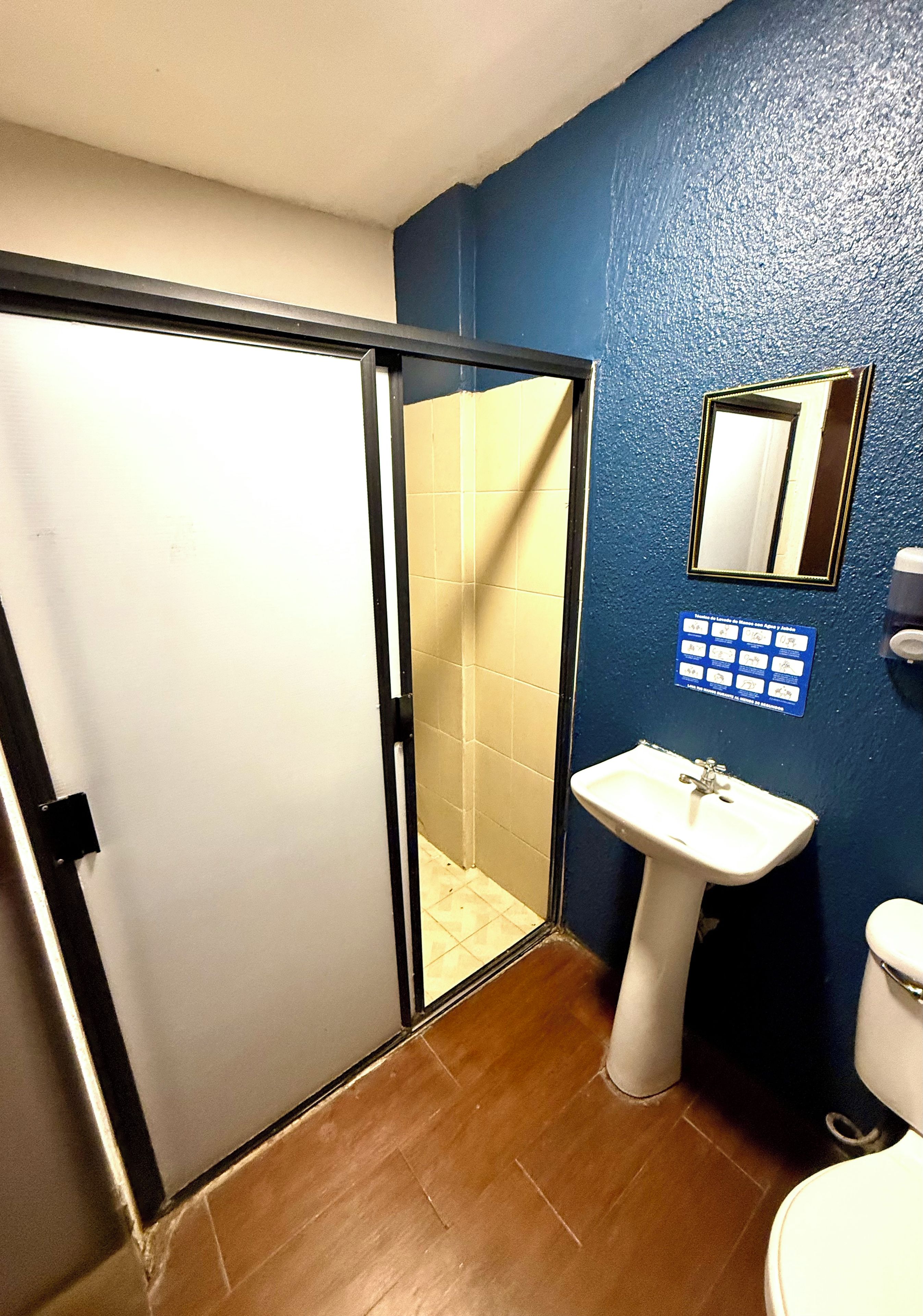 Une salle de bain avec douche, toilettes et lavabo.