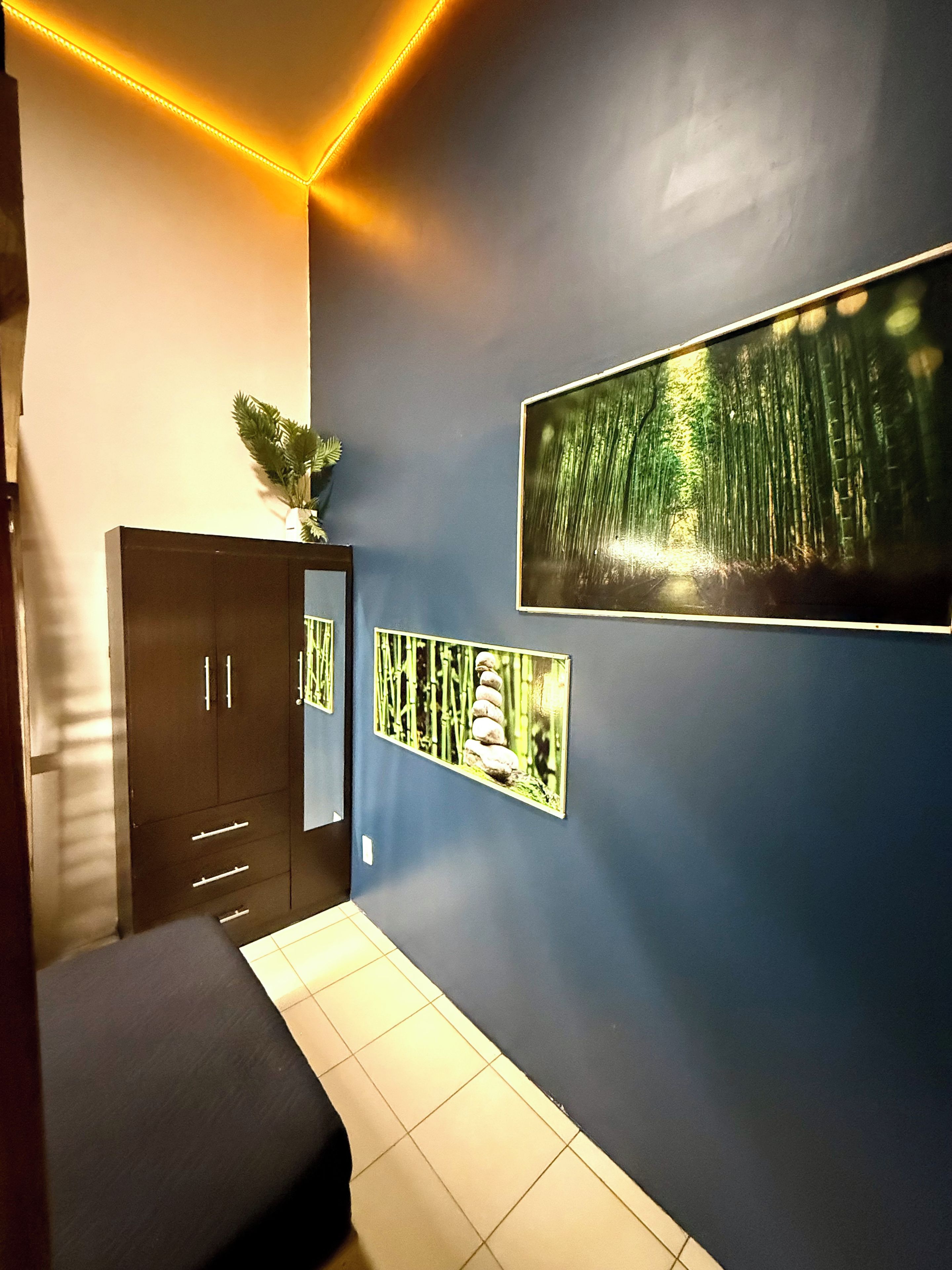 A room with a bed, a wardrobe, and wall-mounted pictures.