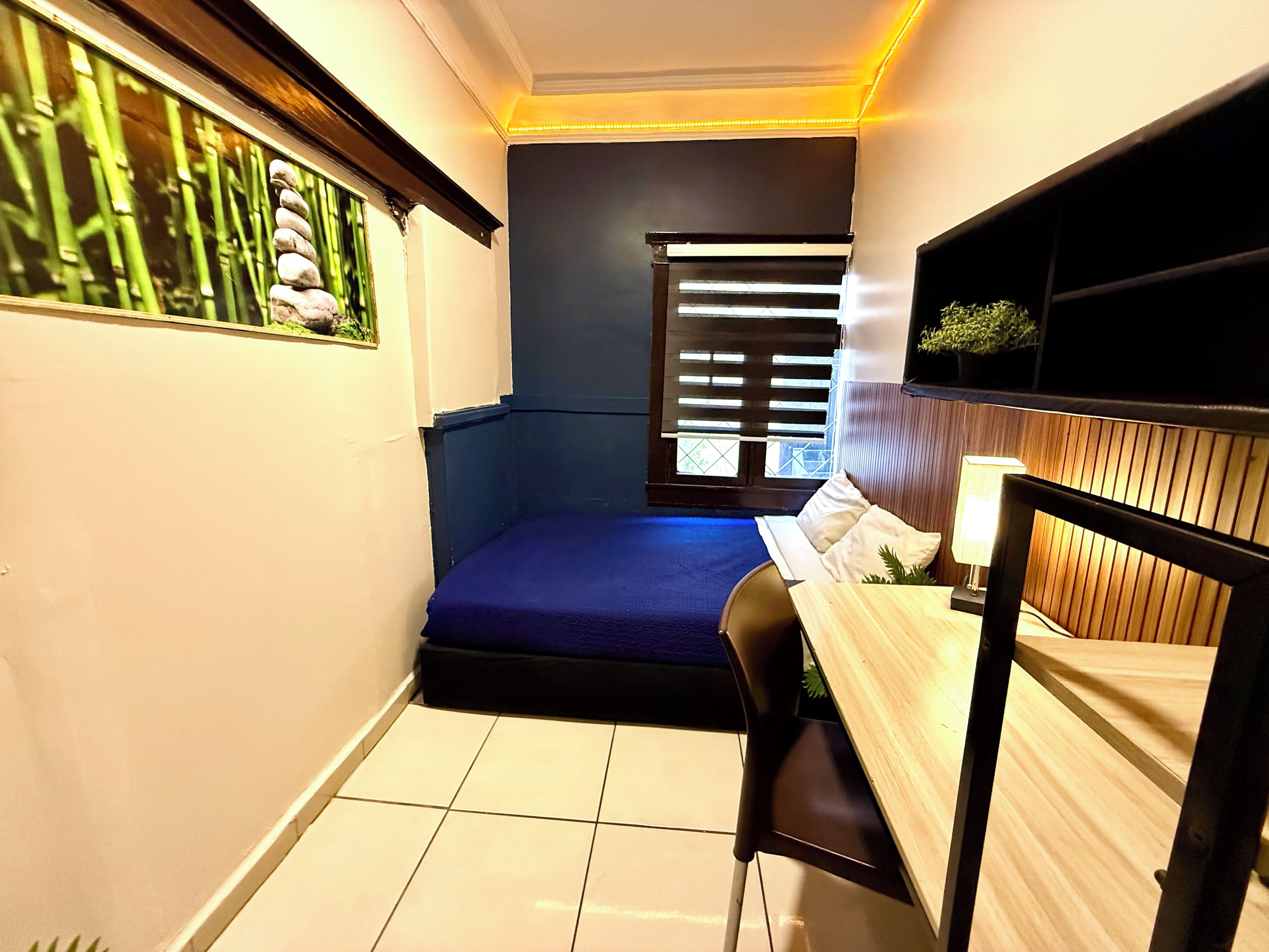 A compact room with a bed, a desk, and a chair. There is a window with blinds, a wall-mounted shelf, and a small plant.