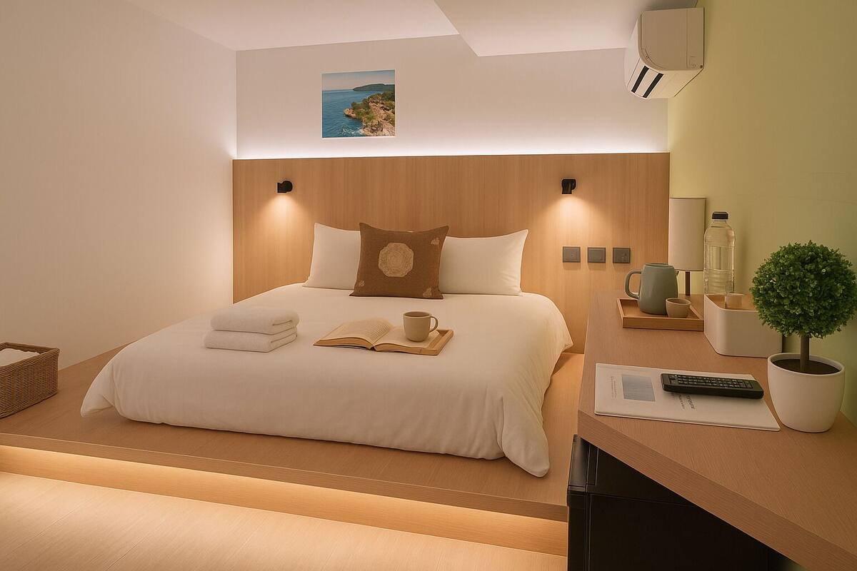 Een moderne hotelkamer met een net opgemaakt bed, een klein nachtkastje met een lamp, een kamerplant en uitzicht op de zee door het raam.