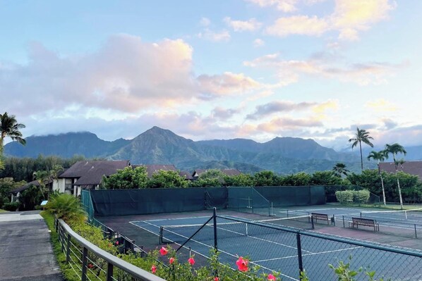 A tennis court with a net, surrounded by a fence and greenery, with mountains in the background.