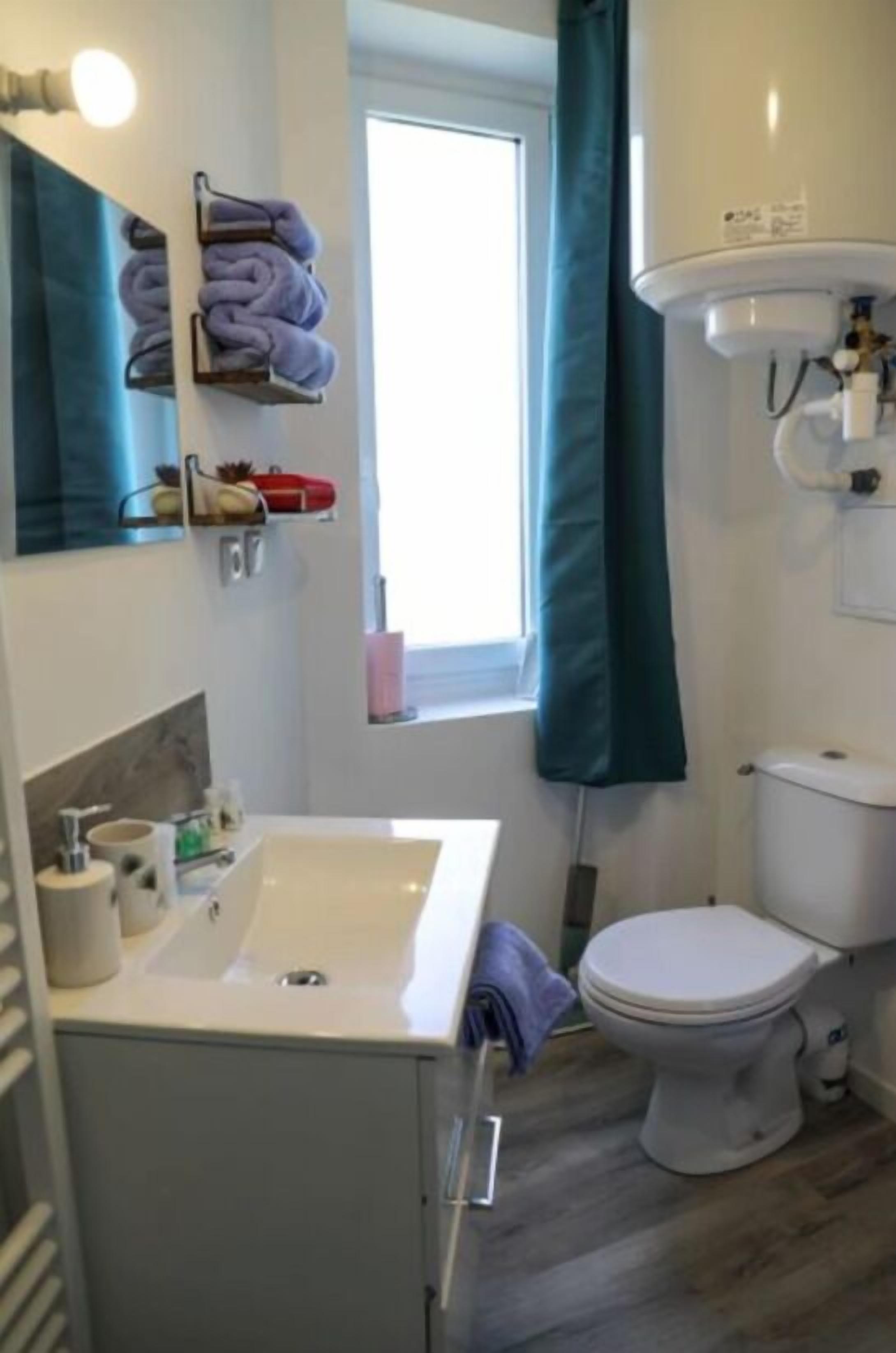 Ein Badezimmer mit weißem Waschbecken, Toilette, Spiegel und einem Fenster mit Vorhängen.